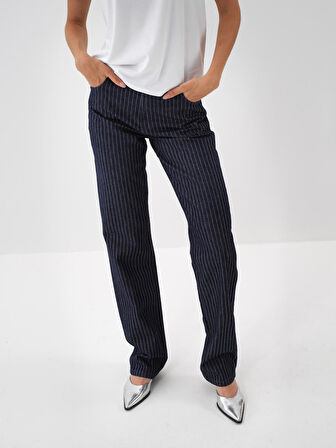 Xint Lacivert Pamuk Dokulu Oversize Pantolon