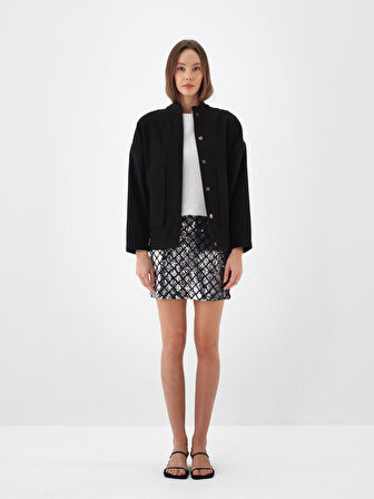 Xint Siyah Esnek Dokulu Oversize Ceket
