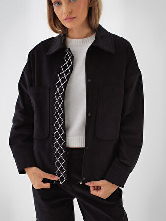 Xint Siyah Lüks Dokulu Soft Kadife Oversize Ceket