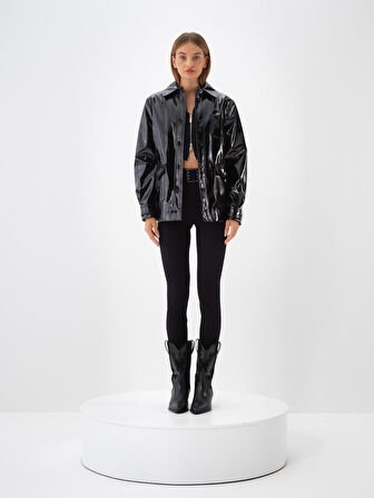 Xint Siyah Deri Görünümlü Regular Fit Ceket