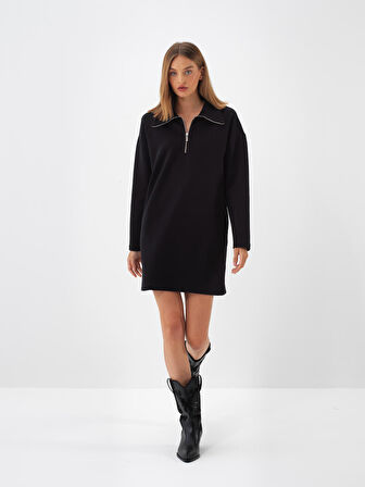 Xint Siyah Pamuk Dokulu Oversize Elbise