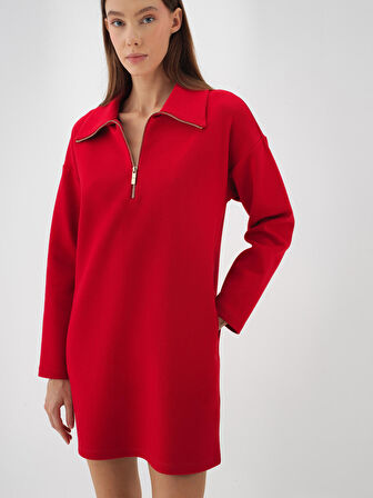 Xint Kırmızı Pamuk Dokulu Oversize Elbise