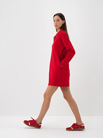 Xint Kırmızı Pamuk Dokulu Oversize Elbise