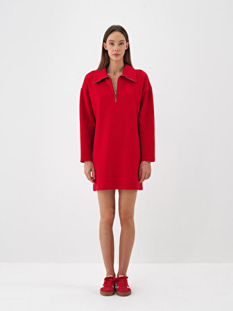 Xint Kırmızı Pamuk Dokulu Oversize Elbise