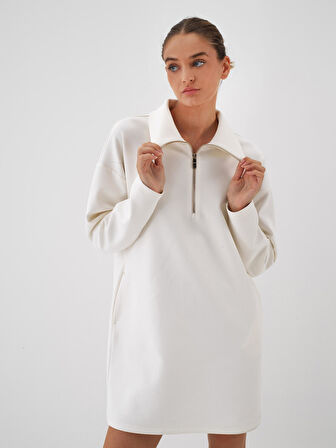 Xint Ekru Pamuk Dokulu Oversize Elbise