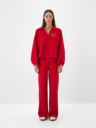 Xint Kırmızı Pamuk Dokulu Oversize Sweat Pantolon