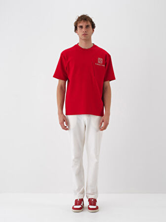 Xint Kırmızı Pamuk Dokulu Oversize Tişört