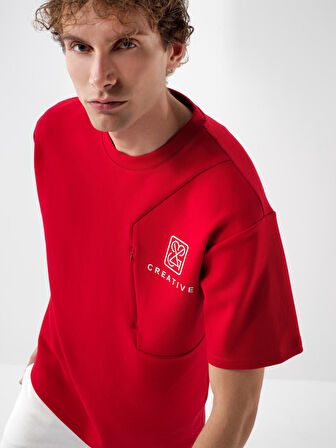 Xint Kırmızı Pamuk Dokulu Oversize Tişört