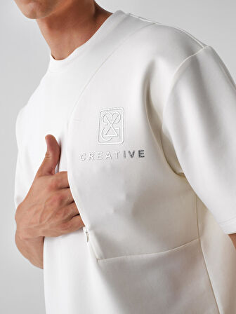 Xint Ekru Pamuk Dokulu Oversize Tişört