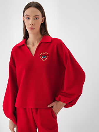 Xint Kırmızı Pamuk Dokulu Oversize Sweatshirt