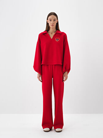 Xint Kırmızı Pamuk Dokulu Oversize Sweatshirt