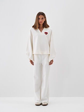 Xint Ekru Pamuk Dokulu Oversize Sweatshirt