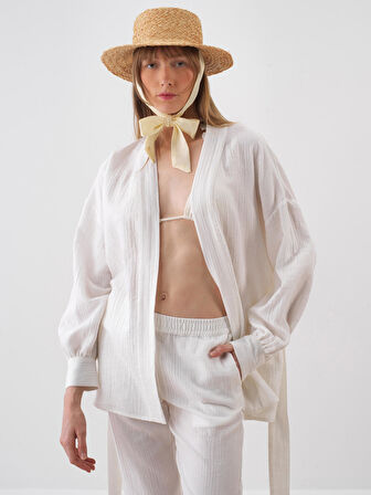 Beyaz Oversize Pamuklu Kimono