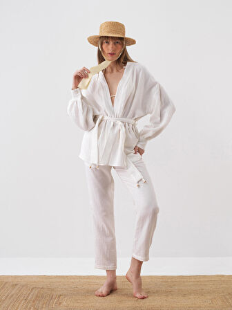 Beyaz Oversize Pamuklu Kimono