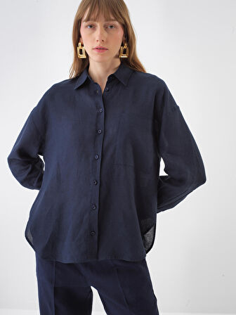 Lacivert Oversize Keten Gömlek
