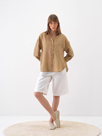 Camel Oversize Keten Gömlek