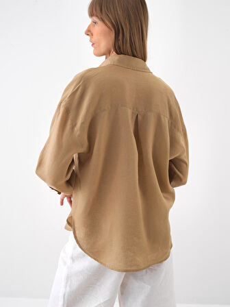 Camel Oversize Keten Gömlek