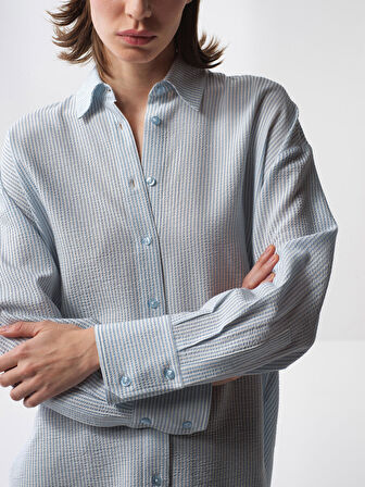 Mavi Oversize Tencel Gömlek