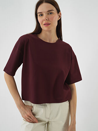 Xint Bordo Pamuk Dokulu Oversize Tişört