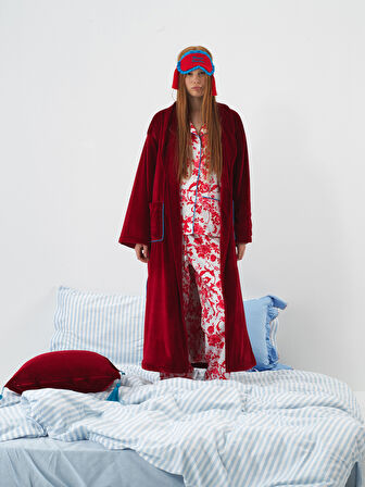 Xint Kırmızı Lüks Dokulu Soft Kadife Oversize Sabahlık