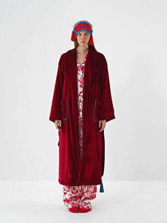 Xint Kırmızı Lüks Dokulu Soft Kadife Oversize Sabahlık
