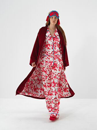 Xint Kırmızı Lüks Dokulu Soft Kadife Oversize Sabahlık