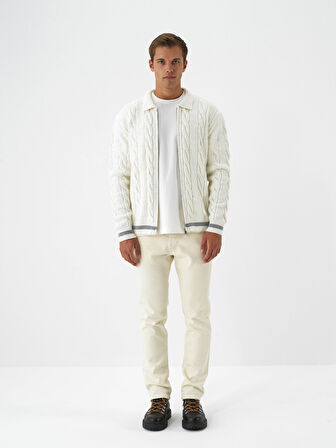 Xint Ekru Doğal Yün Dokulu Regular Fit Hırka