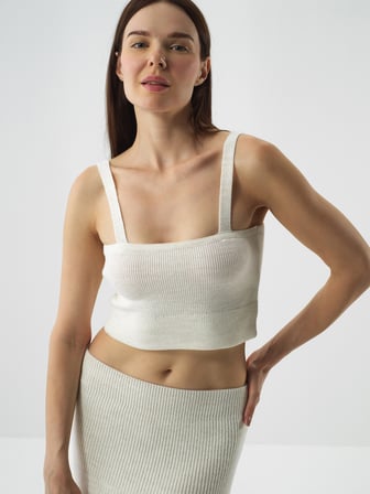 Xint Ekru Doğal Yün Dokulu Slim Fit Crop