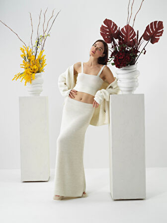 Xint Ekru Doğal Yün Dokulu Oversize Etek