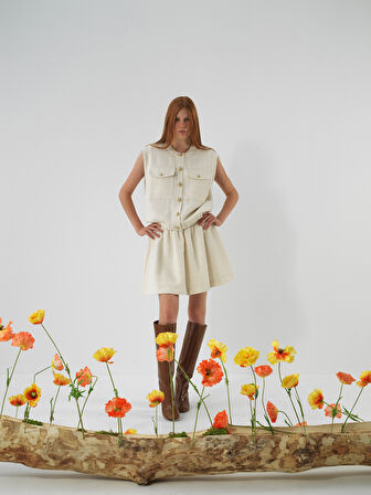 Xint Ekru Işıltılı Lurex Detaylı Oversize Yelek