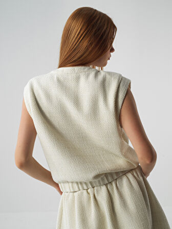 Xint Ekru Işıltılı Lurex Detaylı Oversize Yelek