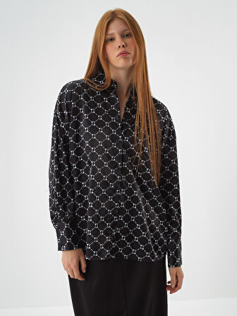 Xint Siyah İpeksi Saten Oversize Gömlek