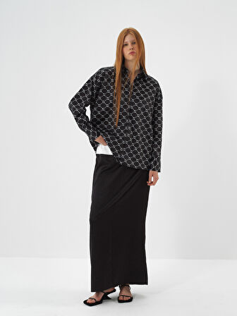 Xint Siyah İpeksi Saten Oversize Gömlek