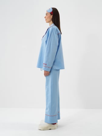Xint Mavi İpeksi Saten Oversize Pijama Seti