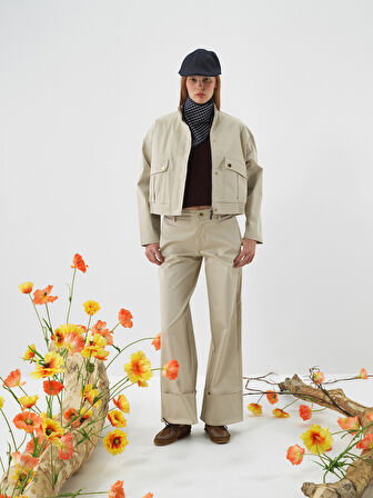 Xint Bej Pamuk Dokulu Oversize Pantolon