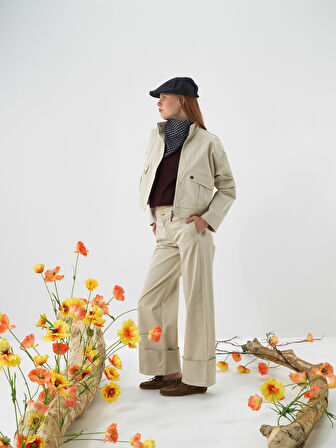 Xint Bej Pamuk Dokulu Oversize Pantolon