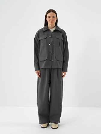 Xint Gri Esnek Dokulu Oversize Ceket