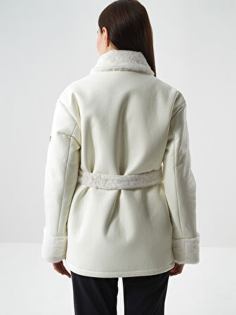 Xint Ekru Deri Görünümlü Oversize Mont