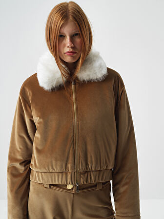 Xint Camel Lüks Dokulu Soft Kadife Oversize Ceket