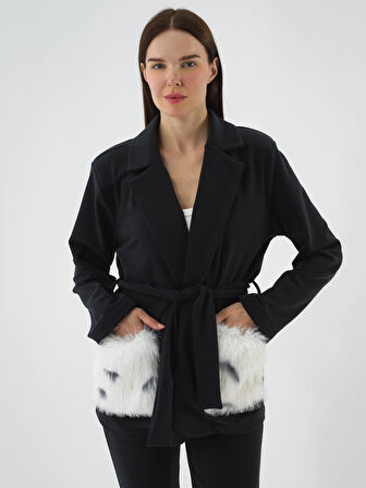 Xint Lacivert Modal Dokulu Oversize Ceket