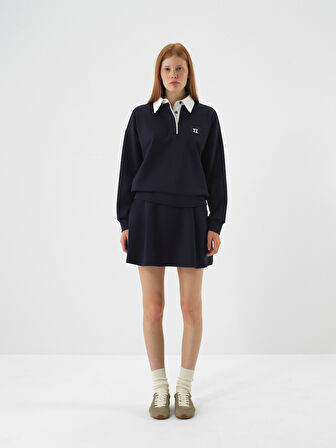 Xint Lacivert Esnek Dokulu Oversize Etek