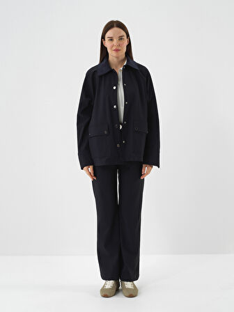 Xint Lacivert Esnek Dokulu Oversize Ceket