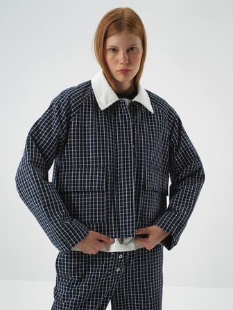 Xint Lacivert Modern Ekose Oversize Ceket
