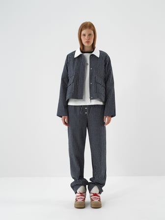 Xint Lacivert Modern Ekose Oversize Ceket