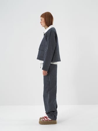 Xint Lacivert Modern Ekose Oversize Ceket