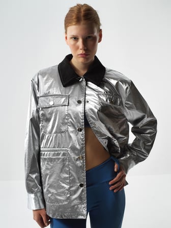 Xint Gri Metalik Parlak Dokulu Oversize Ceket