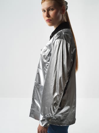 Xint Gri Metalik Parlak Dokulu Oversize Ceket