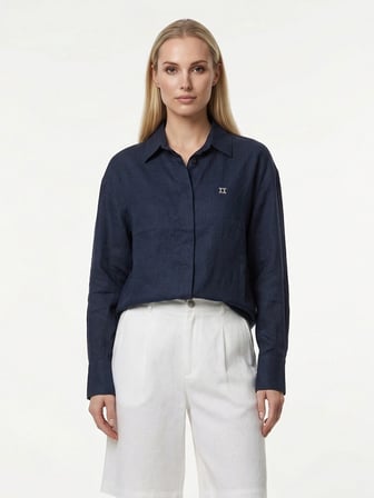 Xint Lacivert %100 Keten Oversize Gömlek