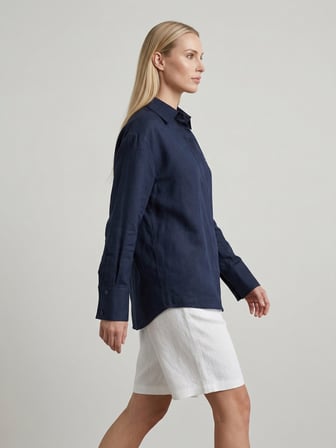 Xint Lacivert %100 Keten Oversize Gömlek