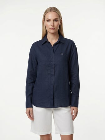Xint Lacivert %100 Keten Oversize Gömlek